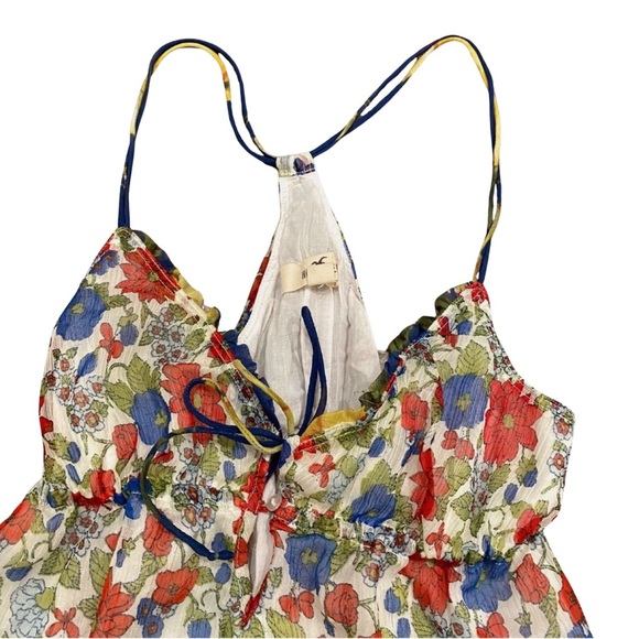 Hollister Spaghetti Strap Floral Flower Top V-Neck Bow Ruffle Red Blue Halter - Picture 3 of 5